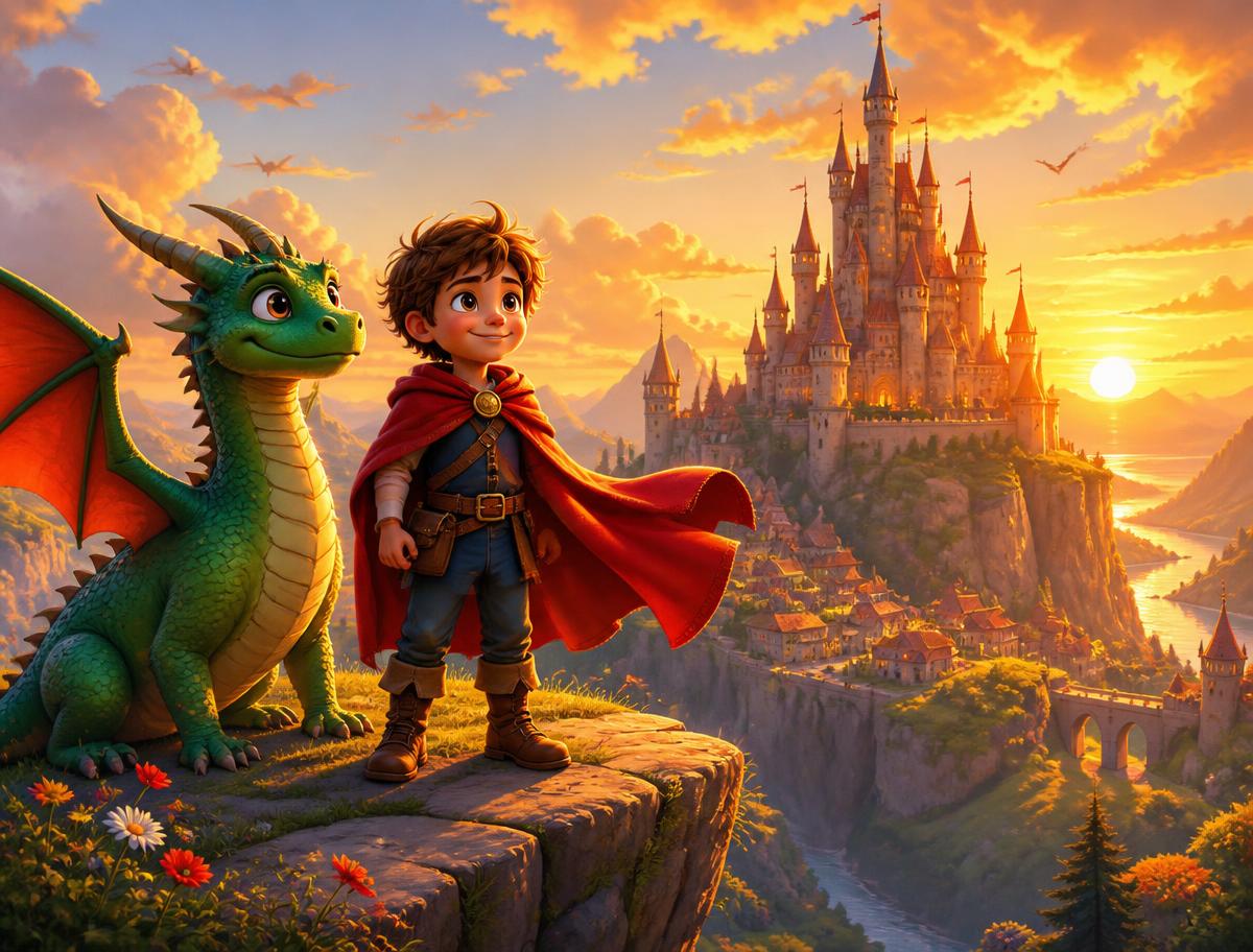 Sample cover: a child in a red cloak beside a young green dragon above a castle kingdom at sunset
