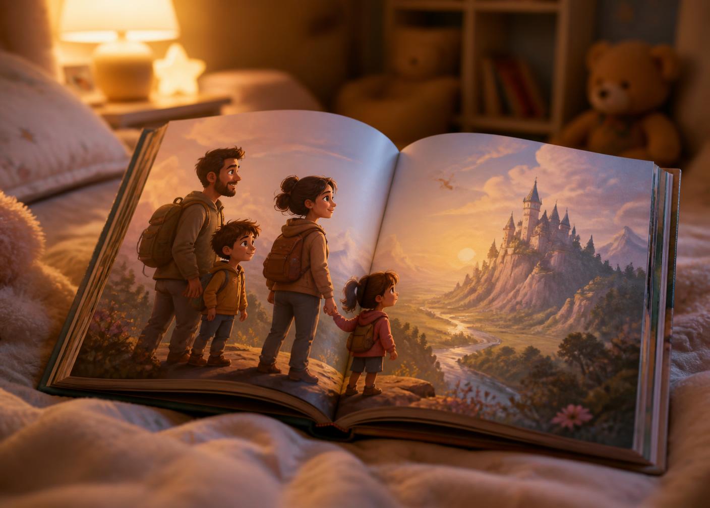 An open personalized storybook on a child's bed in warm lamplight